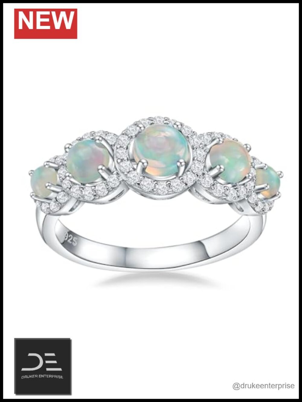 Sterling Silver Opal Ring Round Halo White Sapphires Size 10 Statement